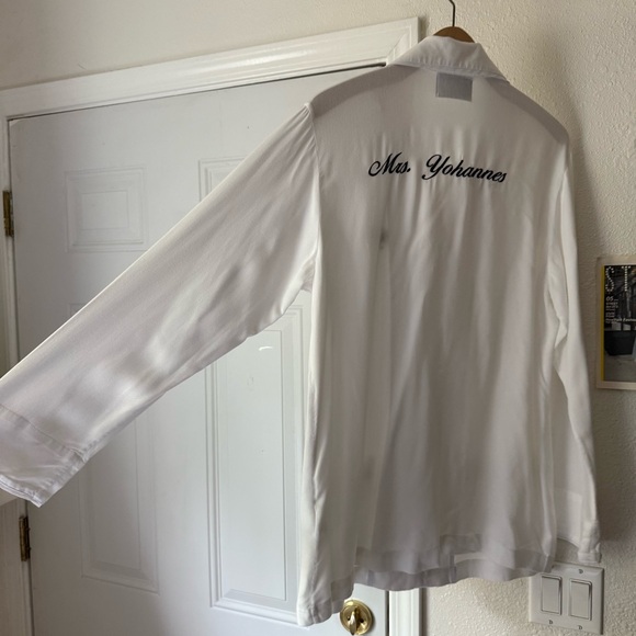 SLEEPER white text embroidered Mrs. Yohannes wifey button up pajama shirt - Picture 5 of 10